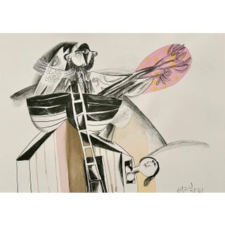 Naftali Bezem, Rare Israeli Modernist Judaica Watercolor Painting on Lithograph Naftali Bezem, 1970 For Sale