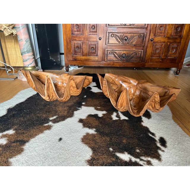 Brown Pair of 1970s Oversized Nautical Wooden Shell Bowls For Sale - Image 8 of 9