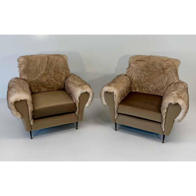 Mid-Century Modern Italian Lounge Chairs in Velvet and Faux Fur Fabric, 1950s, Set of 2 For Sale - Image 3 of 13