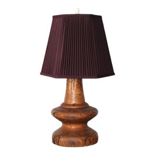1970s Handmade Wooden Lamp With Brown Pleated Shade For Sale