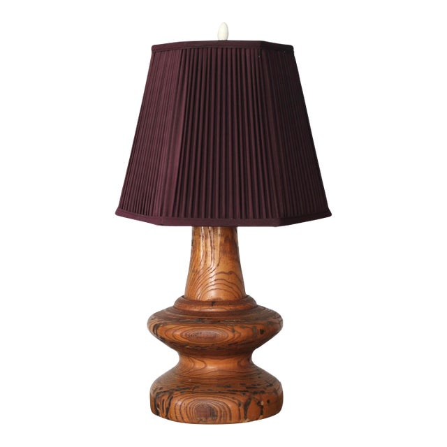 1970s Handmade Wooden Lamp With Brown Pleated Shade For Sale