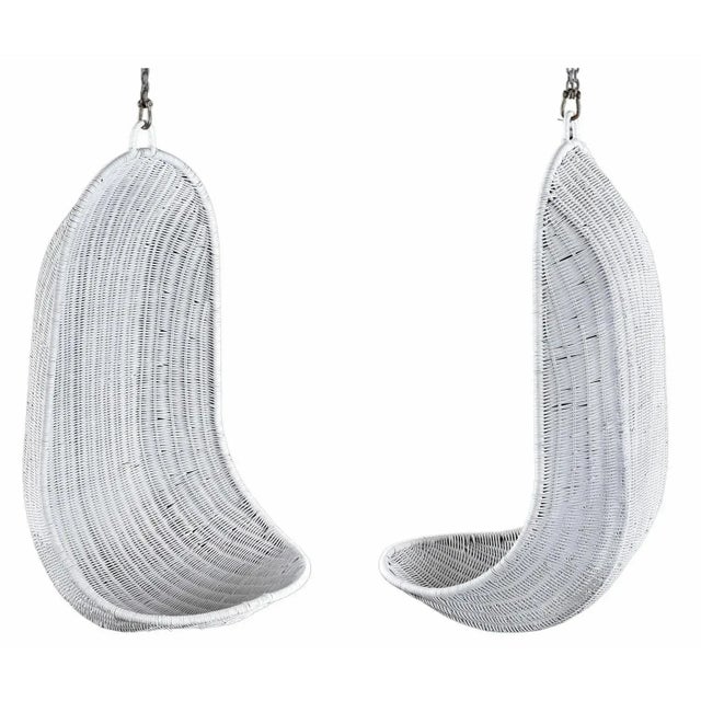 Contemporary White Wicker Hanging Basket Style Coastal Garden Lanai Scoop Chairs For Sale - Image 3 of 10