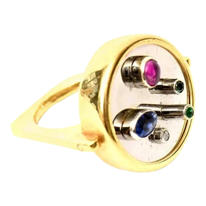 1980s Modernist Sapphire, Ruby, Emerald and 18 Karat Yellow and White Gold Dome Ring Size 5.75