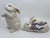 Vintage Porcelain Floral Rose and Blue Bow Bunny Rabbit Statues- A Set For Sale - Image 10 of 10