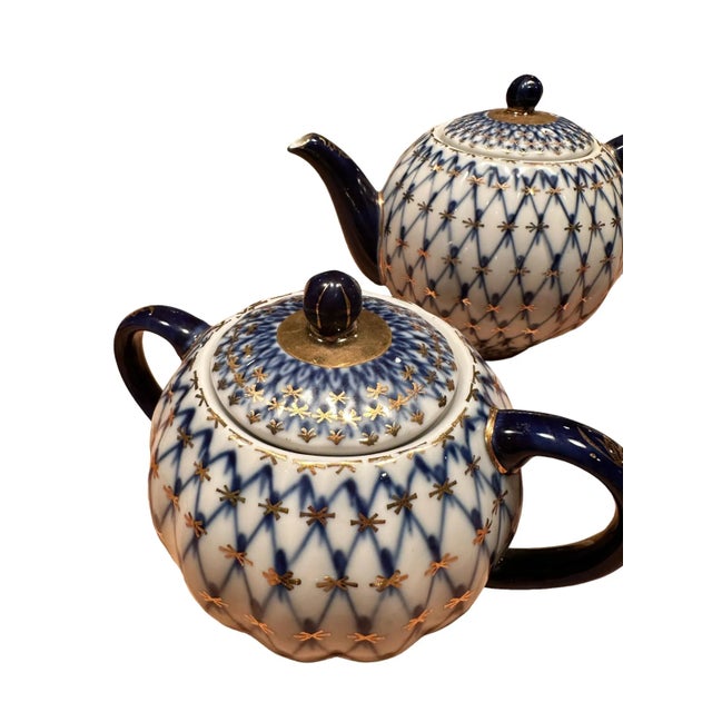 Vintage Lomonosov Imperial Porcelain Cobalt Net Tulip Complete Tea Set for Six - 22 Pieces For Sale - Image 9 of 13