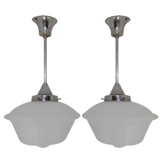 Art Deco Pendant Lamps in Opal Glass, 1940s, Set of 2 For Sale