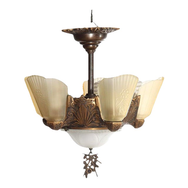 1920s Art Deco 5-Light Bronze Finish Hanging Lamp With Stylized Fans C1920 For Sale