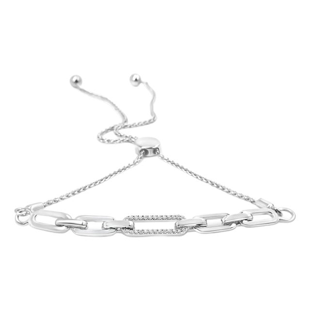 .925 Sterling Silver 1/10 Cttw Diamond Paperclip Link Adjustable Bolo Bracelet (I-J Color, I2-I3 Cla For Sale