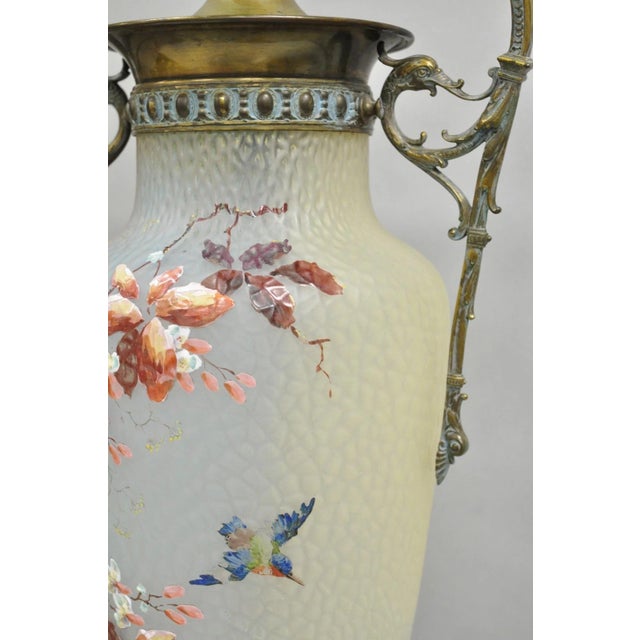 Early 20th Century Early 20th Century Antique English Victorian Rainbow Glass Hand Painted Birds Table Lamp - A Pair For Sale - Image 5 of 12