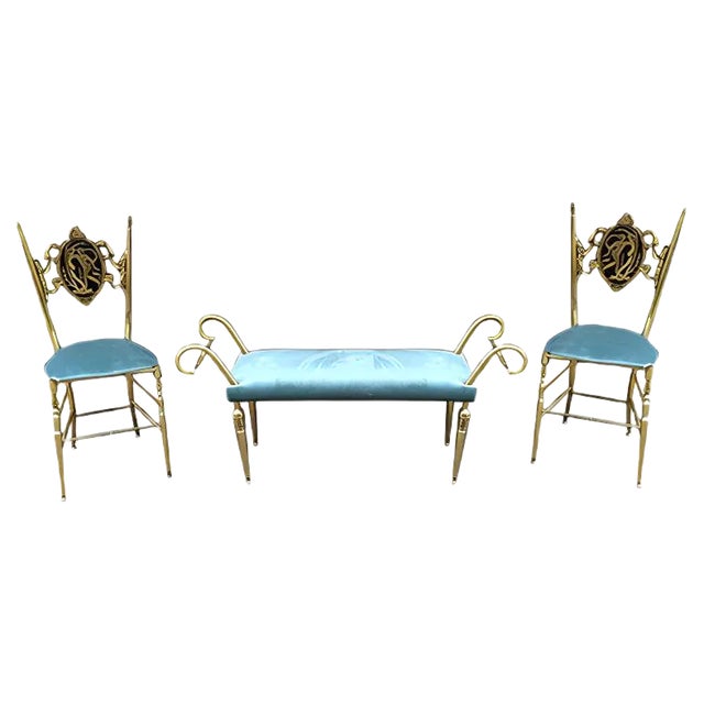 Vintage Brass Chiavari Chairs & Ottoman, 1950s, Set of 3 For Sale