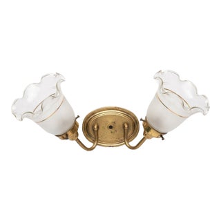 Late 20th Century Neoclassical Brass Two-Light Wall Sconce Etched Glass Shades For Sale