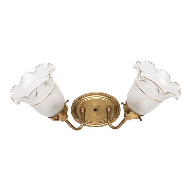 Late 20th Century Neoclassical Brass Two-Light Wall Sconce Etched Glass Shades For Sale