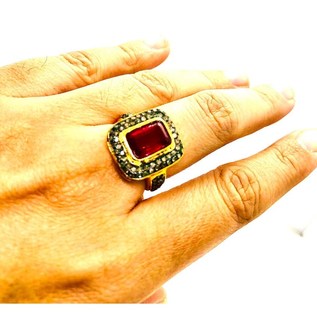 Bochic “Capri” Vintage Ruby & Natural Diamonds Ring Set In 18K Gold & Silver For Sale - Image 4 of 10