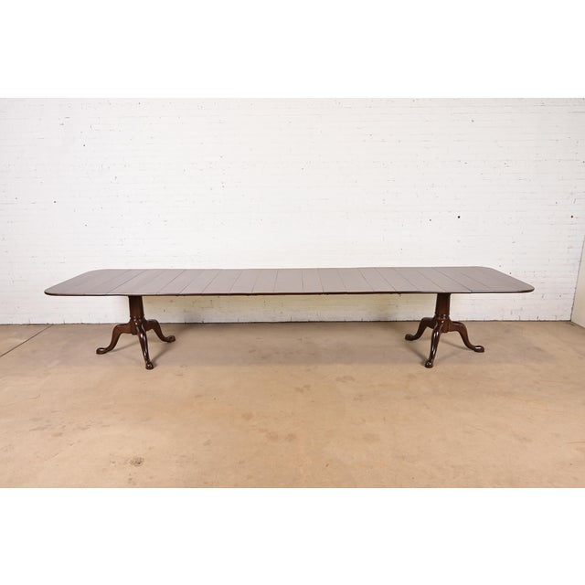 Baker Furniture Style Georgian Monumental Solid Cherry Wood Double Pedestal Extension Dining Table, Newly Refinished For Sale - Image 14 of 14