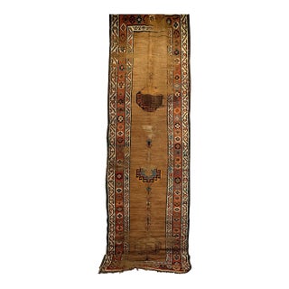 Antique 19th C. Persian Kurdish Camelhair Runner Rug, Hand-Knotted Geometric Pattern, 4x12, Camelhair & Ivory For Sale