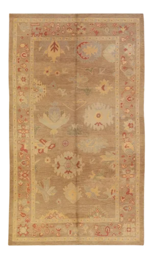 Modern Turkish Oushak Handmade Floral Motif Tan Wool Rug