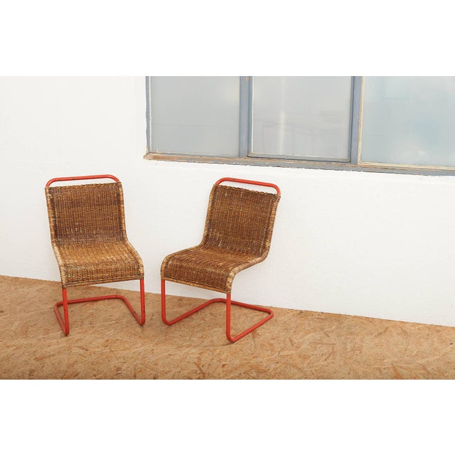Table with Chairs in Red Lacquered Tubular Steel by S. Meier for Rohrmöbelfabrik, 1920s, Set of 3 For Sale - Image 14 of 17
