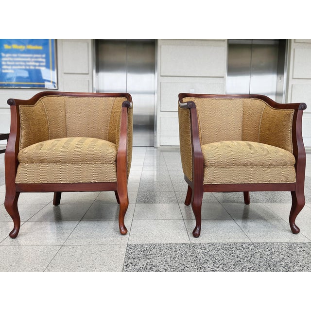 Mid-Century Modern Danish Art Deco Mahogany Lounge Chairs in Donghia Gold Chevron - A Pair For Sale - Image 3 of 15