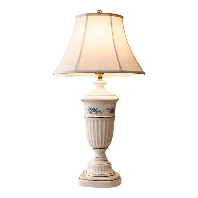 Classy Vintage Blue & White Porcelain Table Lamp With Floral Detail 29" For Sale