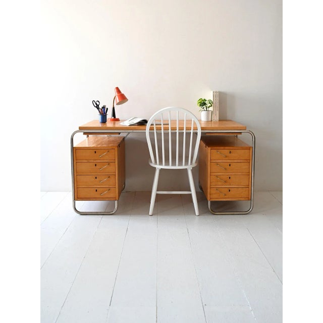 Vintage Scandinavian freestanding birch desk with a steel frame and double drawer block, designed by Mücke & Melder in the...