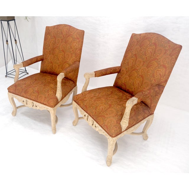 Brown Pair of Fine Carved White Lacquer Rouge Floral Upholstery Arm Club Chairs MINT For Sale - Image 8 of 13