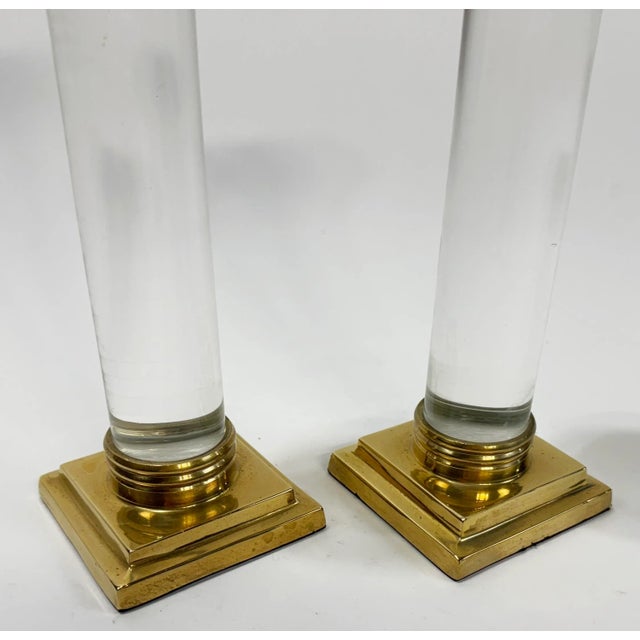 Vintage Hollywood Regency Style Brass and Lucite Candlestick Holders, a Pair For Sale - Image 4 of 7