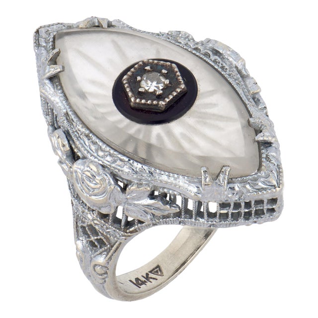 1930s Art Deco Diamond Rock Crystal Marquise 14k White Gold Ring, Size 12.5 For Sale