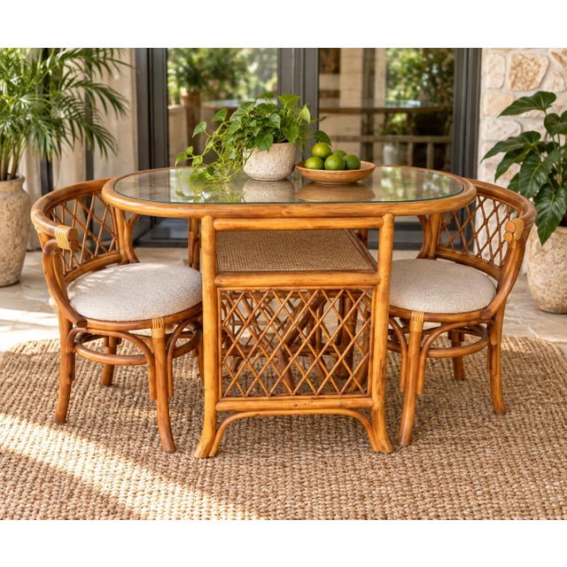Boho Chic Vintage Rattan Honeymoon Table & 2 Chairs – Nesting Bistro Set W/ Glass Top For Sale - Image 3 of 8