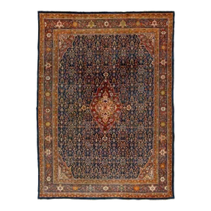 Antique Persian Farahan Handmade Allover Wool Rug in Navy Blue
