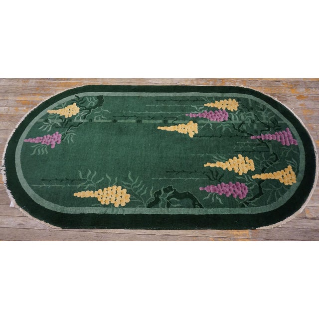 1920s Beautiful Green Background Floral Pattern Pair of Antique Chinese Art Deco Rugs For Sale - Image 5 of 15