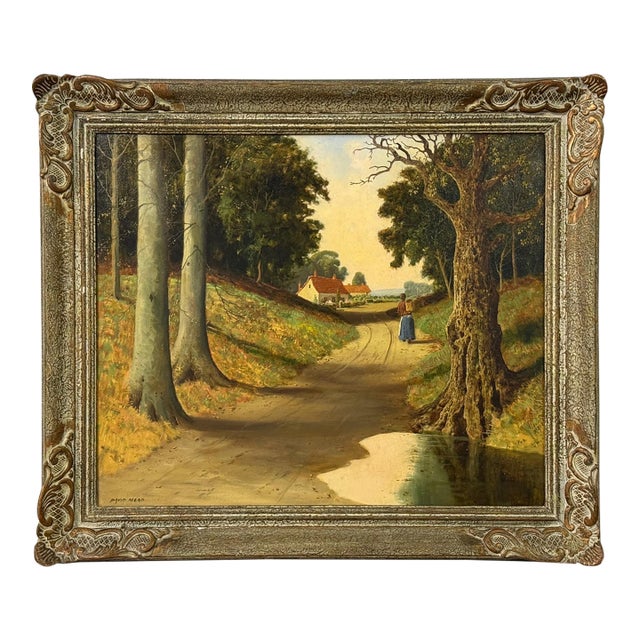 Woman in the Woods walking through trees towards Cottage in English Countryside 1960 Circa For Sale