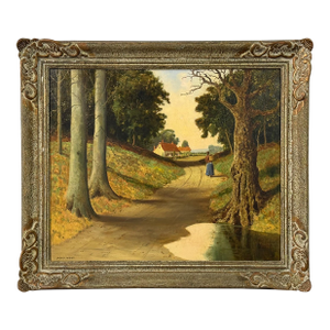 Woman in the Woods walking through trees towards Cottage in English Countryside 1960 Circa