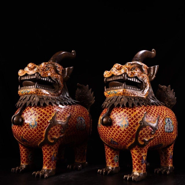 Late 20th Century Late 20th Century Pair of Gilt Bronze Cloisonné Enamel Mythical Beast Incense Burners For Sale - Image 5 of 9