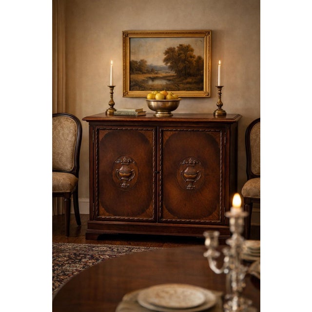 Mid 20th Century Pair of Vintage Baker Mahogany Cabinets – Neoclassical Sideboard & Entry Console With Carved Urn Motifs For Sale - Image 5 of 12