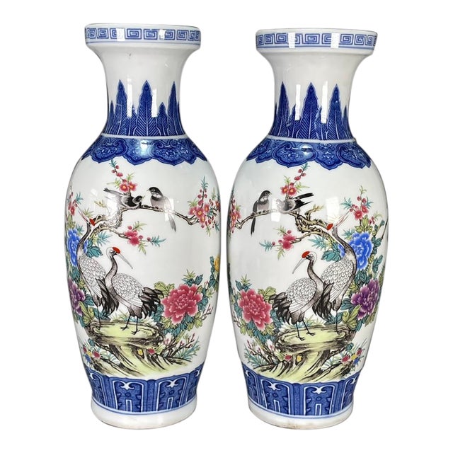 Pair of Chinese Blue & White Famille Rose Porcelain Vases With Crane Motif For Sale