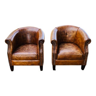 Custom Made Distressed Leather Club Chairs- a Pair For Sale