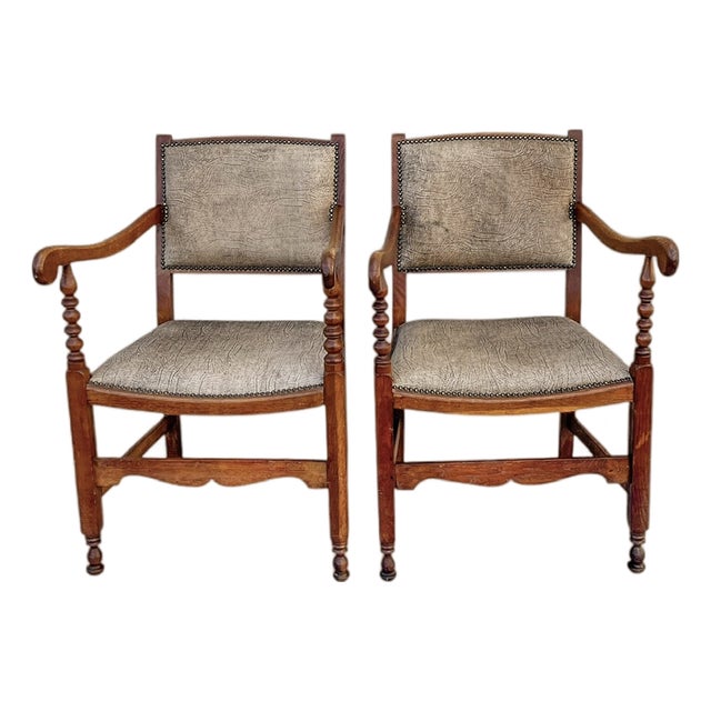 Antique Dutch Oak and Crackled Leather Chairs, 1920s, Set of 2 For Sale
