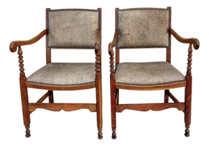 Antique Dutch Oak and Crackled Leather Chairs, 1920s, Set of 2