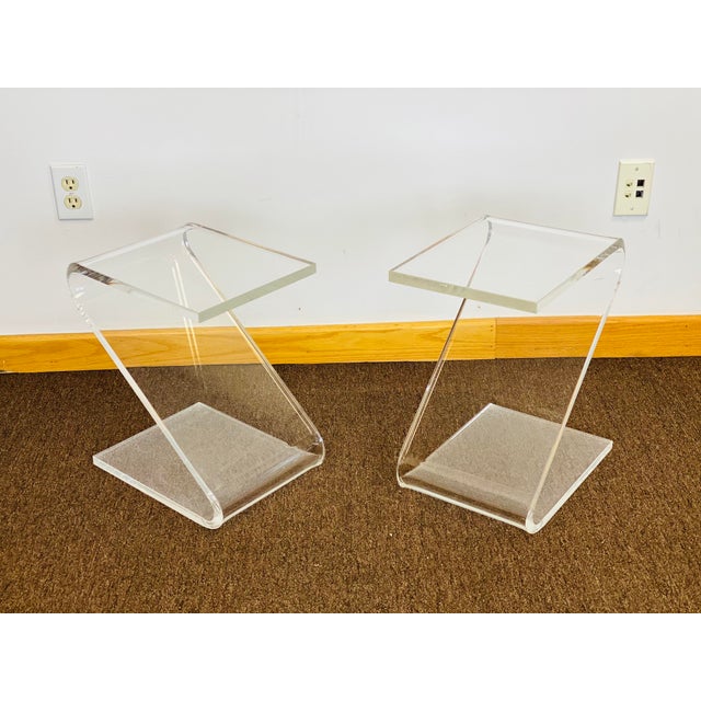 Mid-Century Modern 1970s Vintage John Mascheroni Z-Shaped Lucite Side Table - a Pair For Sale - Image 3 of 10