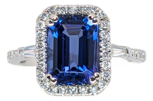 2.6ct Statement Tanzanite Ring With Natural Diamond Halo: Solid 14k Gold, Size 6.75