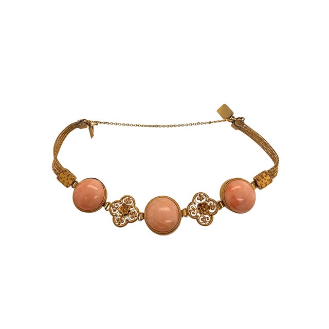 Etruscan Revival Antique 14k Gold Coral Etruscan Style Filigree Bracelet For Sale - Image 3 of 8