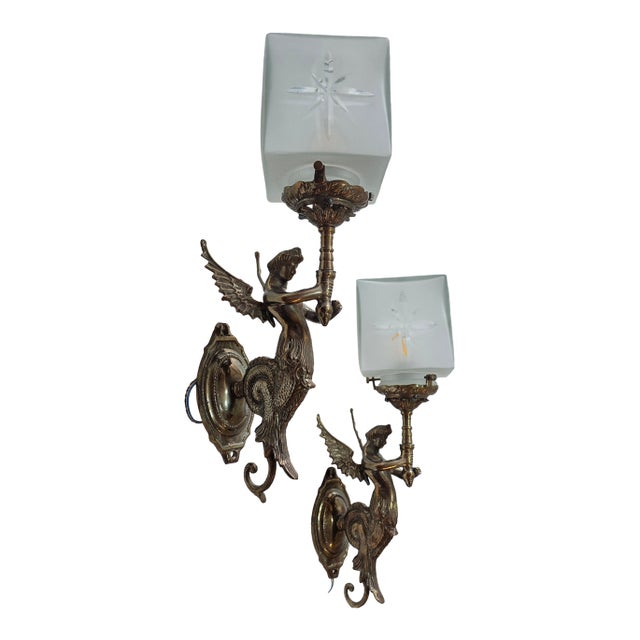 Vintage Art Nouveau Deco Light Old Lamp Mermaid Wall Sconces Fixture Brass & Star Glass Shade Light Lamp - a Pair For Sale