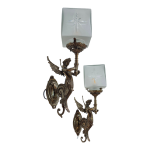 Vintage Art Nouveau Deco Light Old Lamp Mermaid Wall Sconces Fixture Brass & Star Glass Shade Light Lamp - a Pair