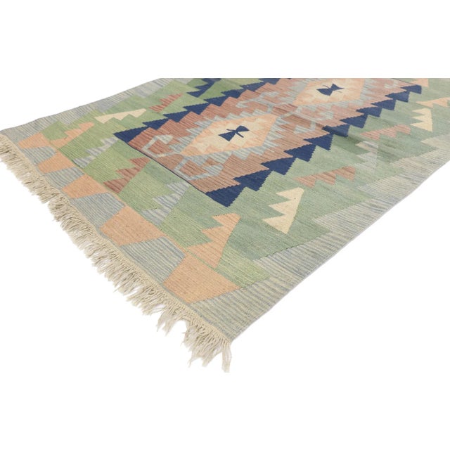 Vintage Persian Shiraz Kilim Rug with Boho Chic Tribal Style 03'11 x 05'07. Full of tiny details and a bold expressive...