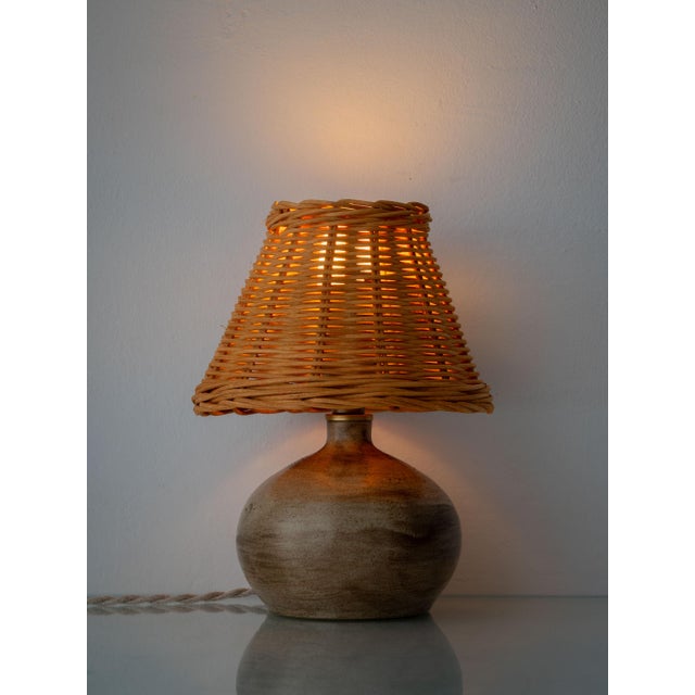 Mid-Century Modern 20th Century Modern French Studio Pottery Stoneware Table Lamp with Rattan Shade, 1950s For Sale - Image 3 of 15