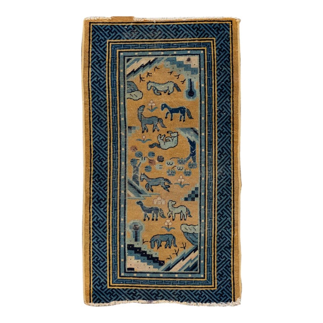 Vintage Chinese Beige Handmade Art Deco Wool Rug For Sale