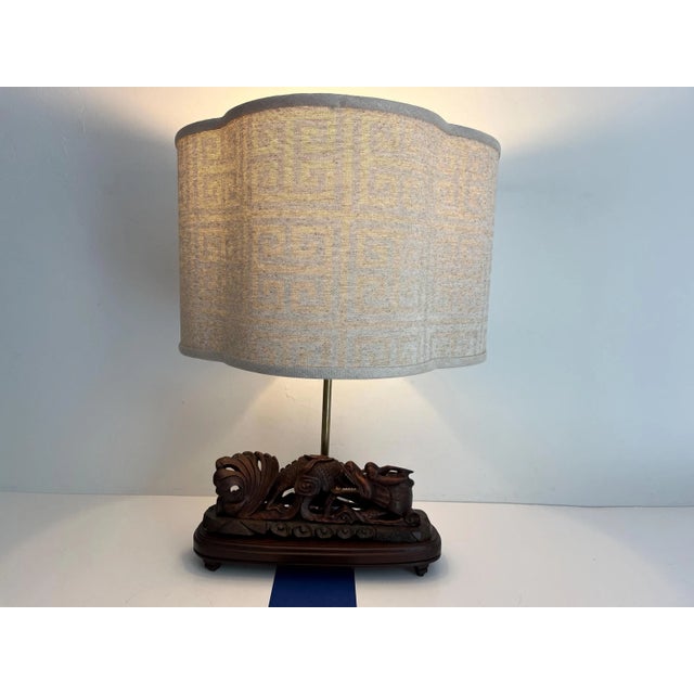 Brown Asian Carved Wood Dragon Roof Tile Lamp & Shade For Sale - Image 8 of 15