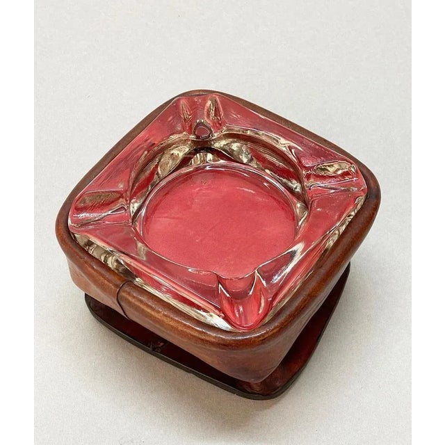 Mid-Century French Brown Leather and Glass Ashtray by Jacques Adnet, 1950s For Sale - Image 11 of 18
