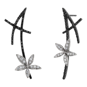 18k White Gold Black & White Diamond Floral Vintage Earrings by Stefan Hafner, A Pair