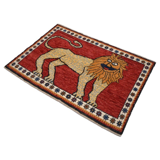 Mid-Century Modern Quirky Lion Oushak Rug 3x5, Whimsical Folk Art Wool Rug, Terracotta Red Turkish Area Rug, Small Hand Knotted Leopard Rug for Entryway 3'5" X 5'1" For Sale - Image 3 of 16